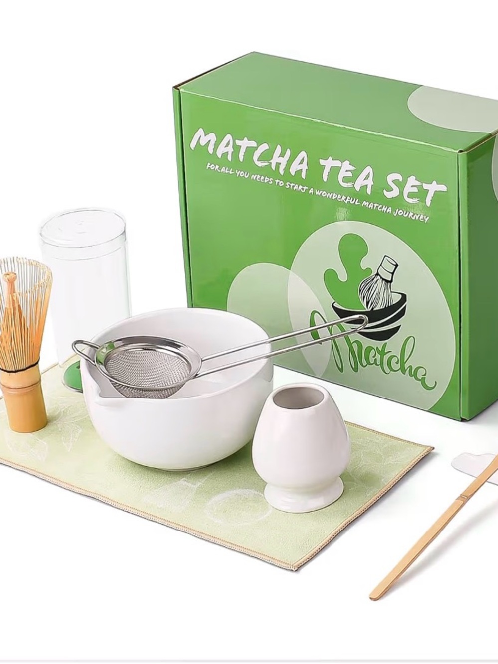 Matcha Tea Set - White Ceramic Bowl & Accessories